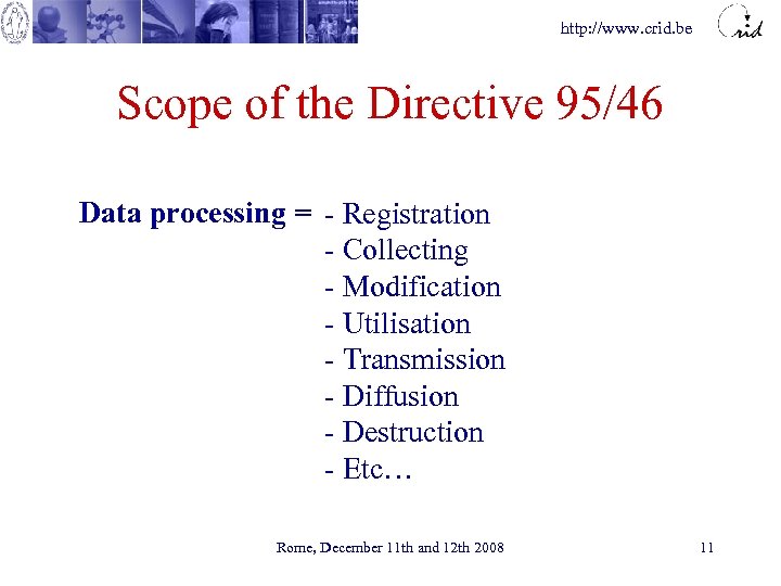 http: //www. crid. be Scope of the Directive 95/46 Data processing = - Registration