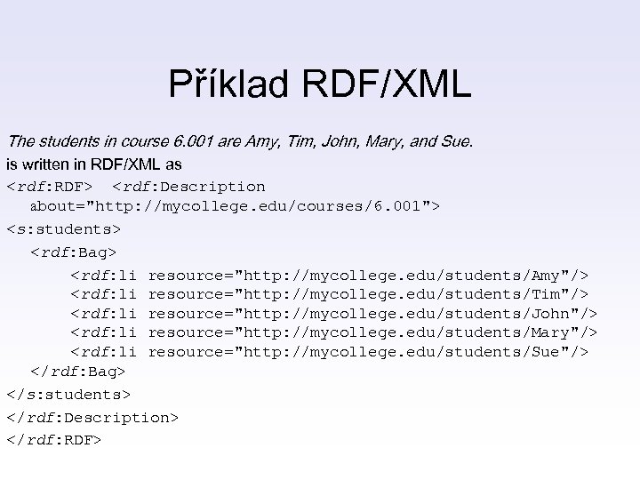 Příklad RDF/XML The students in course 6. 001 are Amy, Tim, John, Mary, and