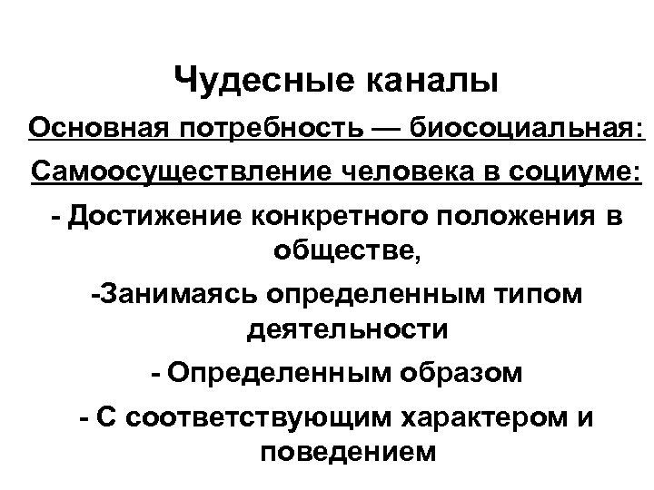 Чудесные каналы Основная потребность — биосоциальная: Самоосуществление человека в социуме: - Достижение конкретного положения