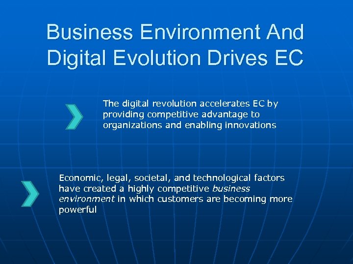 Business Environment And Digital Evolution Drives EC The digital revolution accelerates EC by providing
