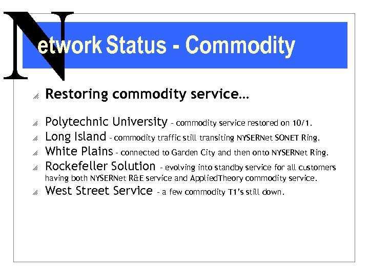 N etwork Status - Commodity o o o Restoring commodity service… Polytechnic University -