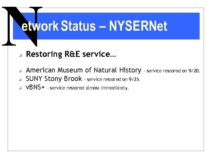 N etwork Status – NYSERNet o o Restoring R&E service… American Museum of Natural