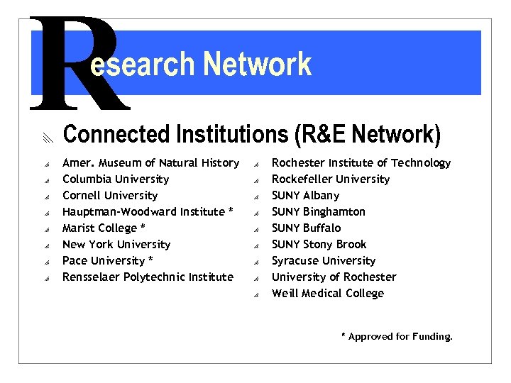 R esearch Network x o o o o Connected Institutions (R&E Network) Amer. Museum