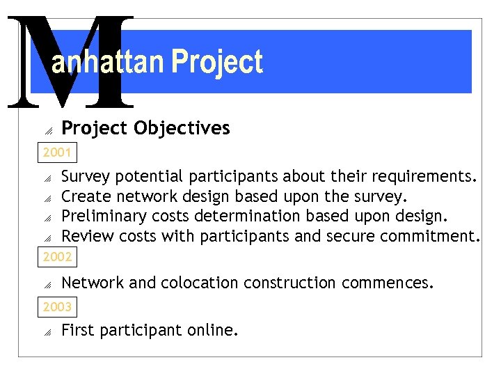 M anhattan Project o Project Objectives 2001 o o Survey potential participants about their