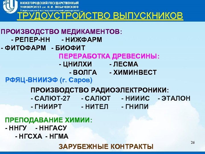 Название слайда ТРУДОУСТРОЙСТВО ВЫПУСКНИКОВ ПРОИЗВОДСТВО МЕДИКАМЕНТОВ: ПРОИЗВОДСТВО МЕДИКАМЕНТОВ - РЕПЕР-НН - НИЖФАРМ - ФИТОФАРМ