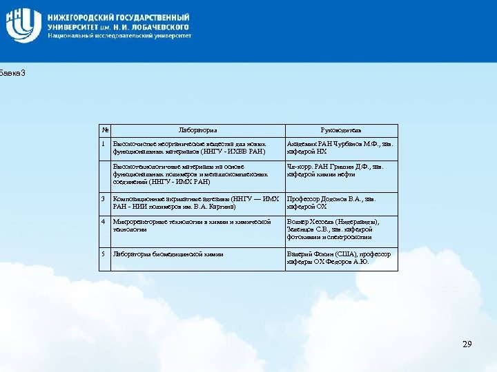 Название слайда бавка 3 № Лаборатория Руководитель 1 Высокочистые неорганические вещества для новых функциональных
