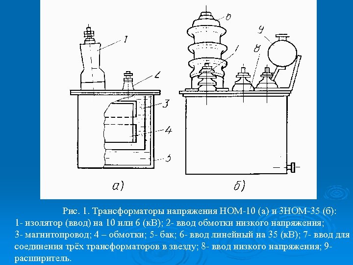 Рис. 1. Трансформаторы напряжения НОМ-10 (а) и 3 НОМ-35 (б): 1 - изолятор (ввод)