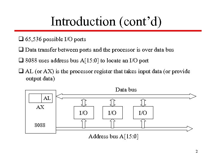 Introduction (cont’d) q 65, 536 possible I/O ports q Data transfer between ports and