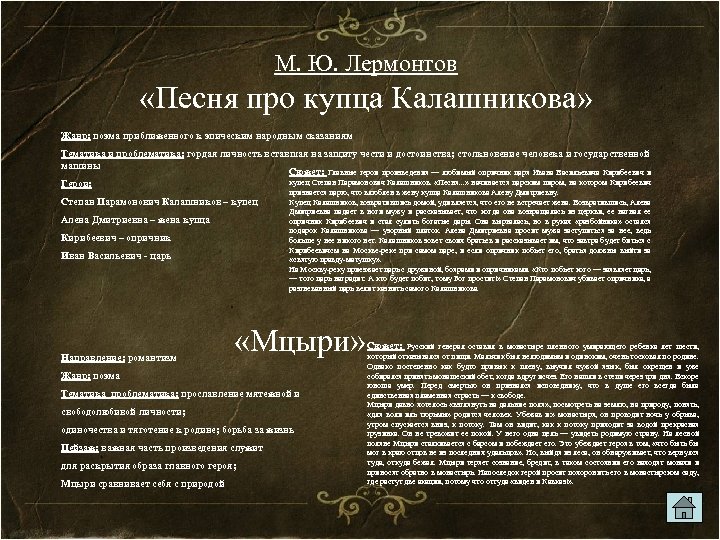 М. Ю. Лермонтов «Песня про купца Калашникова» Жанр: поэма приближенного к эпическим народным сказаниям