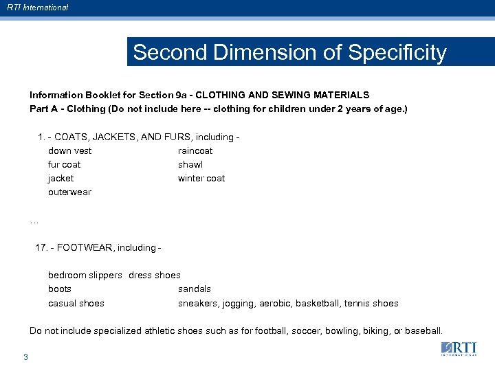 RTI International Second Dimension of Specificity Information Booklet for Section 9 a - CLOTHING