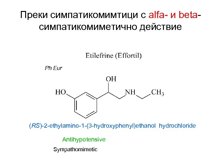 Преки симпатикомимтици с alfa- и betaсимпатикомиметично действие Ph Eur (RS)-2 -ethylamino-1 -(3 -hydroxyphenyl)ethanol hydrochloride