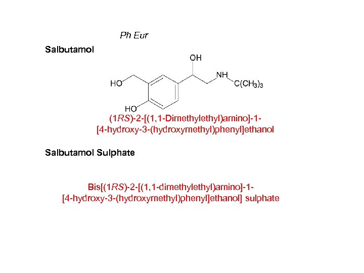 Ph Eur Salbutamol (1 RS)-2 -[(1, 1 -Dimethyl)amino]-1[4 -hydroxy-3 -(hydroxymethyl)phenyl]ethanol Salbutamol Sulphate Bis[(1 RS)-2