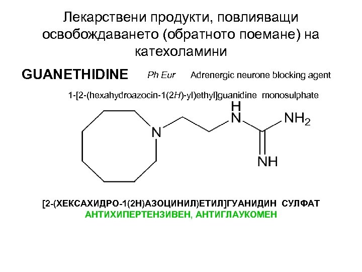 Лекарствени продукти, повлияващи освобождаването (обратното поемане) на катехоламини GUANETHIDINE Ph Eur Adrenergic neurone blocking