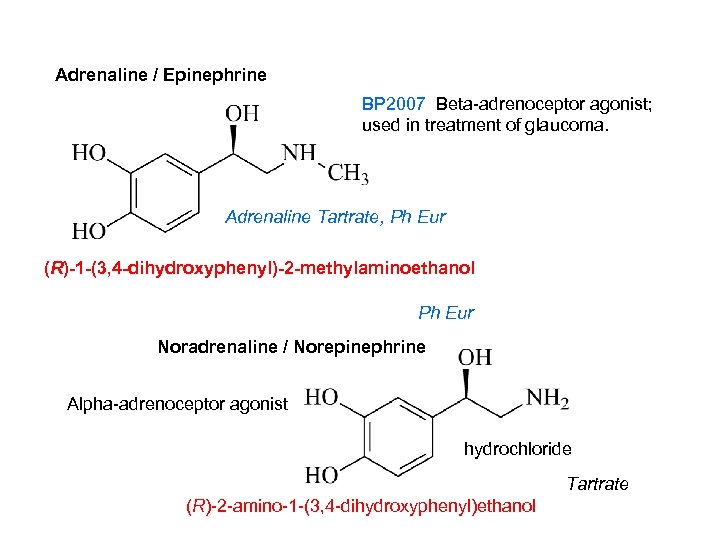 Adrenaline / Epinephrine BP 2007 Beta-adrenoceptor agonist; used in treatment of glaucoma. Adrenaline Tartrate,