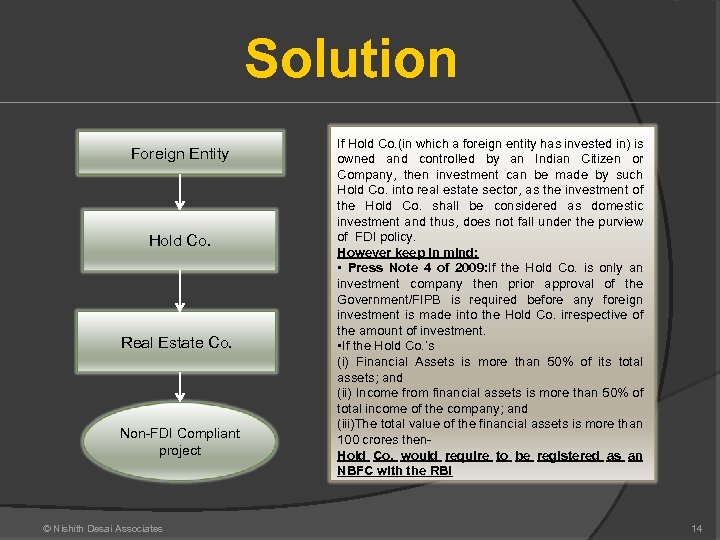 Solution Foreign Entity Hold Co. Real Estate Co. Non-FDI Compliant project © Nishith Desai