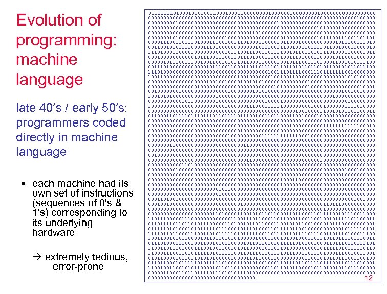 Evolution of programming: machine language late 40’s / early 50’s: programmers coded directly in