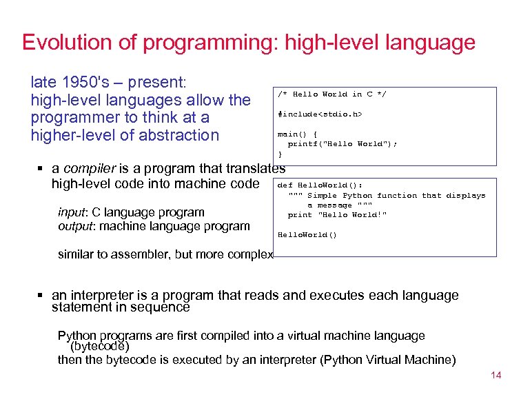 Evolution of programming: high-level language late 1950's – present: high-level languages allow the programmer
