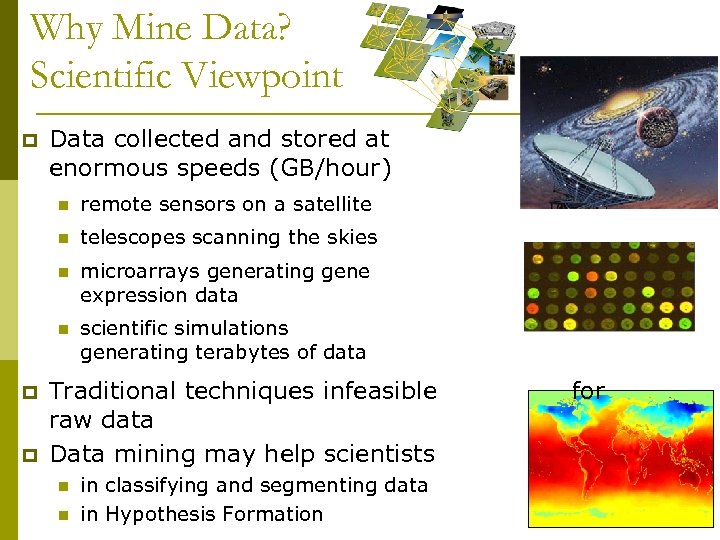 Why Mine Data? Scientific Viewpoint p Data collected and stored at enormous speeds (GB/hour)