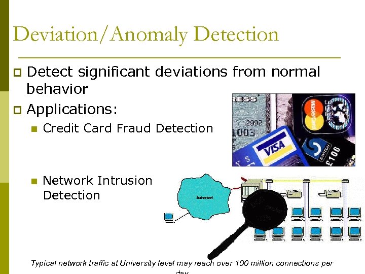 Deviation/Anomaly Detection Detect significant deviations from normal behavior p Applications: p n Credit Card