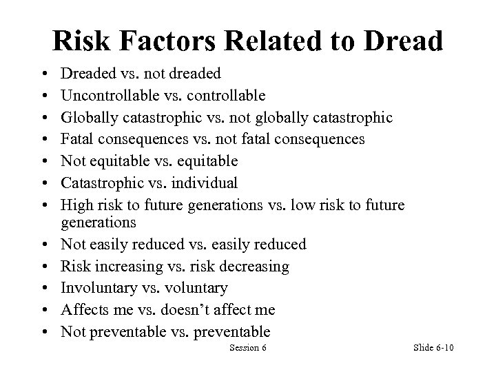 Risk Factors Related to Dread • • • Dreaded vs. not dreaded Uncontrollable vs.