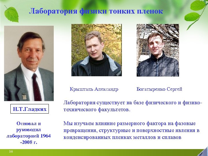 Лаборатория физики тонких пленок Крышталь Александр Н. Т. Гладких Основал и руководил лабораторией 1964