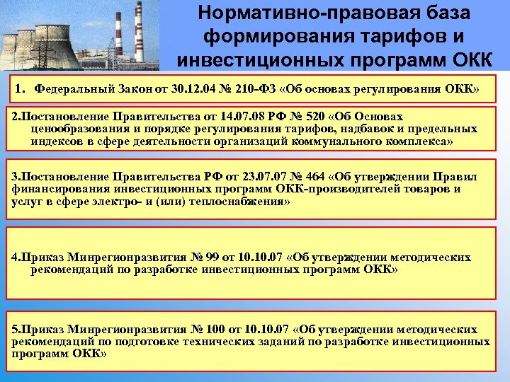 Нормативно-правовая база формирования тарифов и инвестиционных программ ОКК 1. Федеральный Закон от 30. 12.