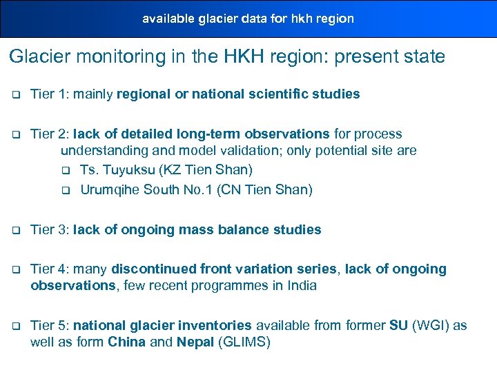 available glacier data for hkh region Glacier monitoring in the HKH region: present state