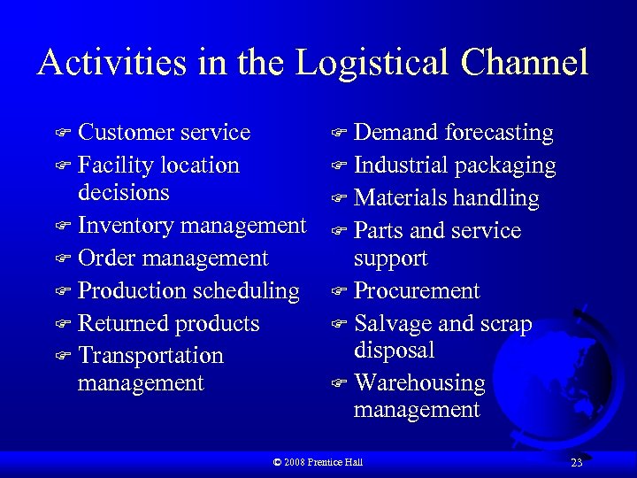 Activities in the Logistical Channel Customer service F Facility location decisions F Inventory management