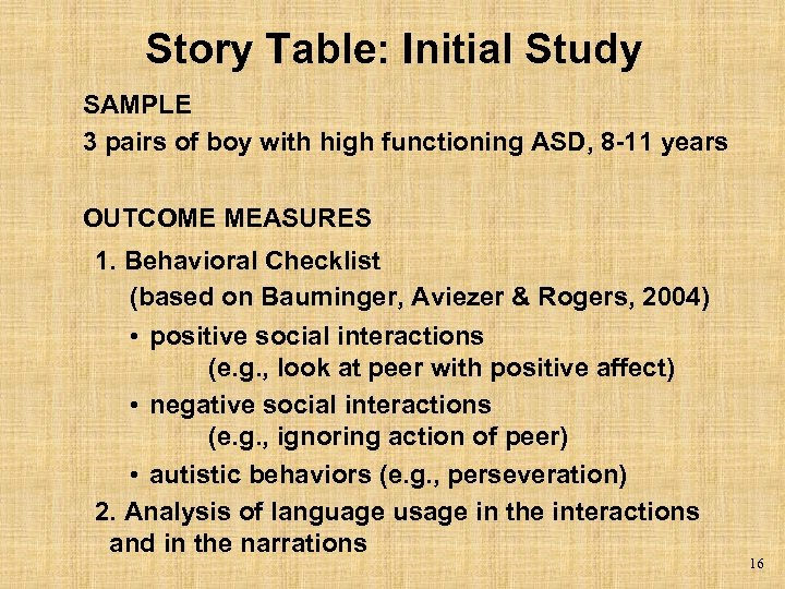 Story Table: Initial Study SAMPLE 3 pairs of boy with high functioning ASD, 8