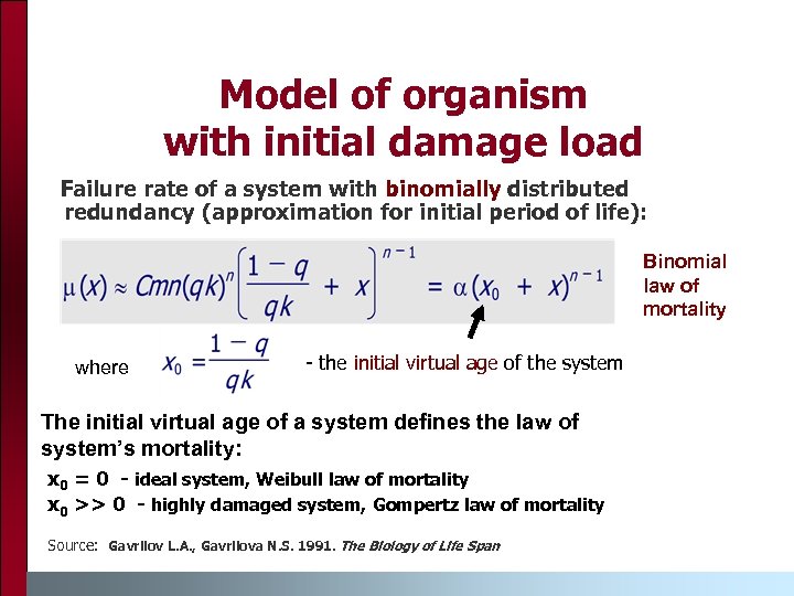 Model of organism with initial damage load Failure rate of a system with binomially