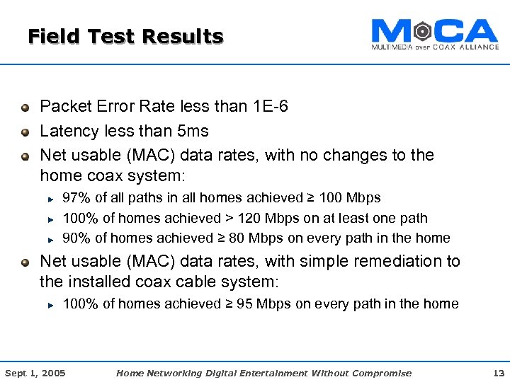 Field Test Results Packet Error Rate less than 1 E-6 Latency less than 5