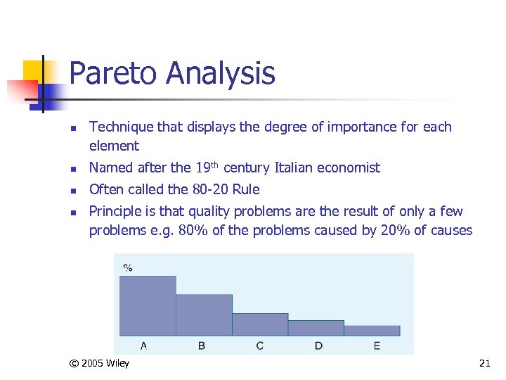 Pareto Analysis n Technique that displays the degree of importance for each element n