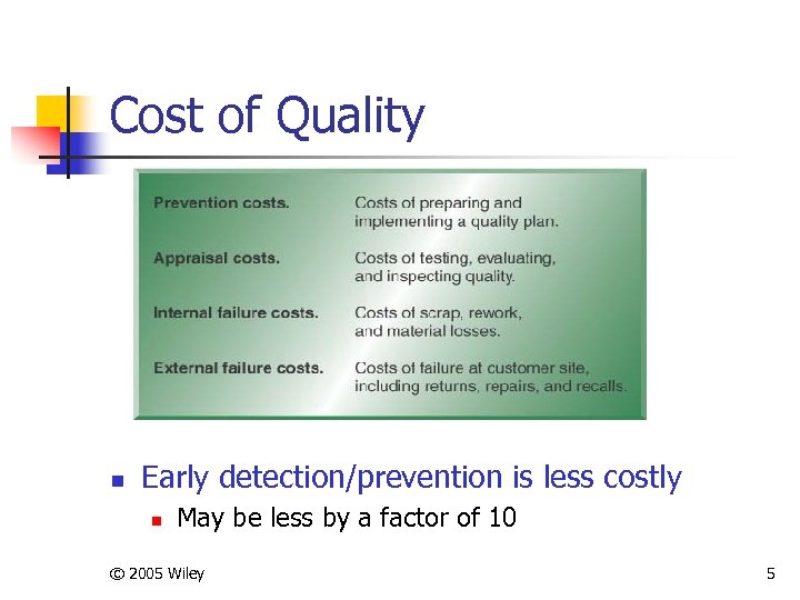 Cost of Quality n Early detection/prevention is less costly n May be less by