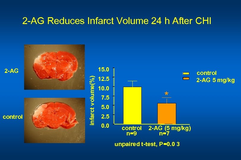 2 -AG Reduces Infarct Volume 24 h After CHI 15. 0 control infarct volume(%)