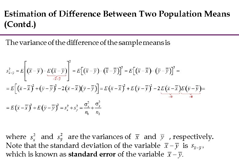 Estimation of Difference Between Two Population Means (Contd. ) The variance of the difference