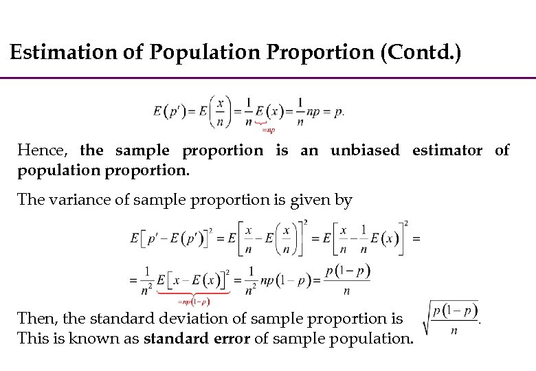 Estimation of Population Proportion (Contd. ) Hence, the sample proportion is an unbiased estimator