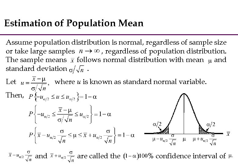 Estimation of Population Mean Assume population distribution is normal, regardless of sample size or
