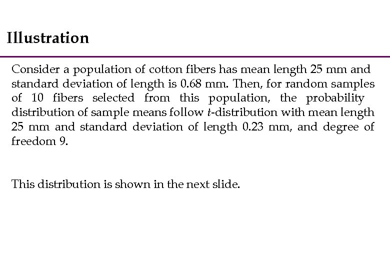 Illustration Consider a population of cotton fibers has mean length 25 mm and standard