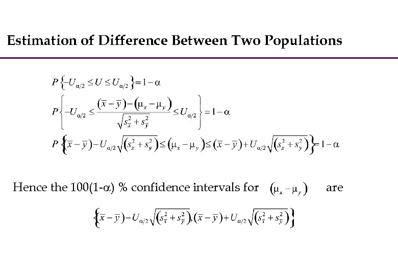 Estimation of Difference Between Two Populations Hence the 100(1 - ) % confidence intervals