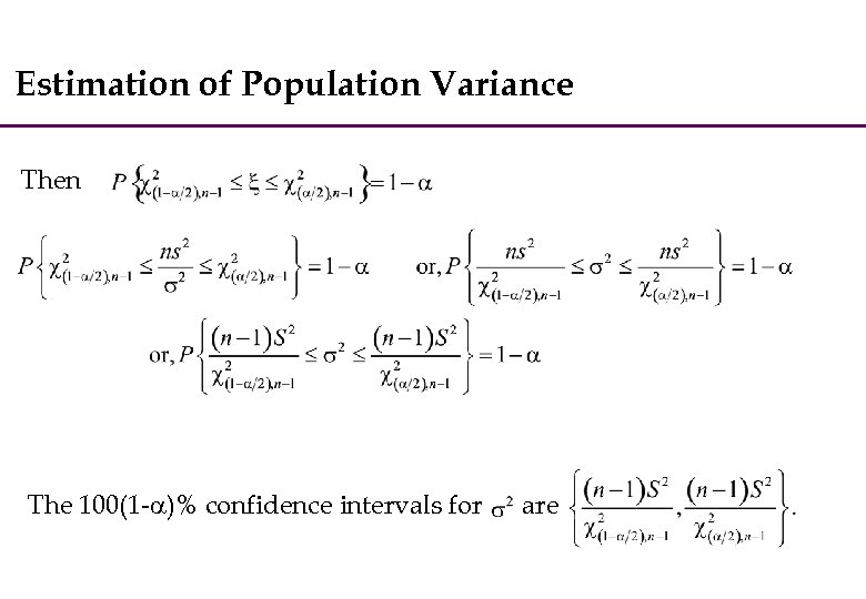 Estimation of Population Variance Then The 100(1 - )% confidence intervals for are 