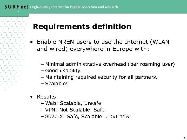 Requirements definition • Enable NREN users to use the Internet (WLAN and wired) everywhere