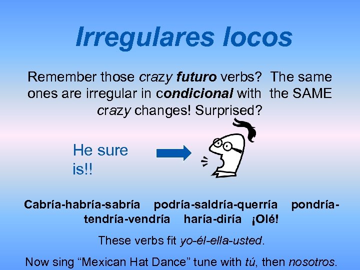 Irregulares locos Remember those crazy futuro verbs? The same ones are irregular in condicional