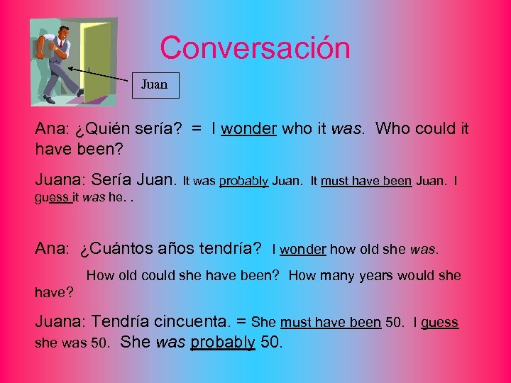 Conversación Juan Ana: ¿Quién sería? = I wonder who it was. Who could it