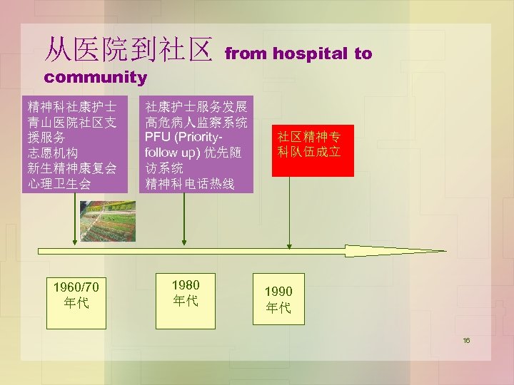 从医院到社区 community 精神科社康护士 青山医院社区支 援服务 志愿机构 新生精神康复会 心理卫生会 1960/70 年代 from hospital to 社康护士服务发展