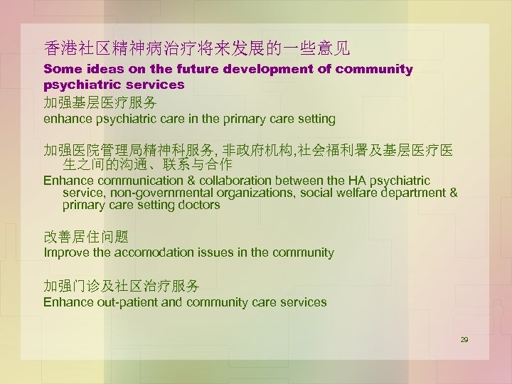 香港社区精神病治疗将来发展的一些意见 Some ideas on the future development of community psychiatric services 加强基层医疗服务 enhance psychiatric