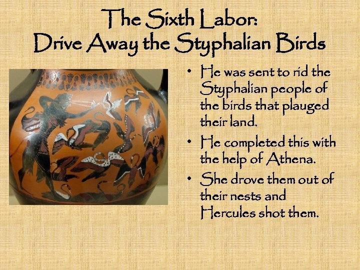 The Sixth Labor: Drive Away the Styphalian Birds • He was sent to rid