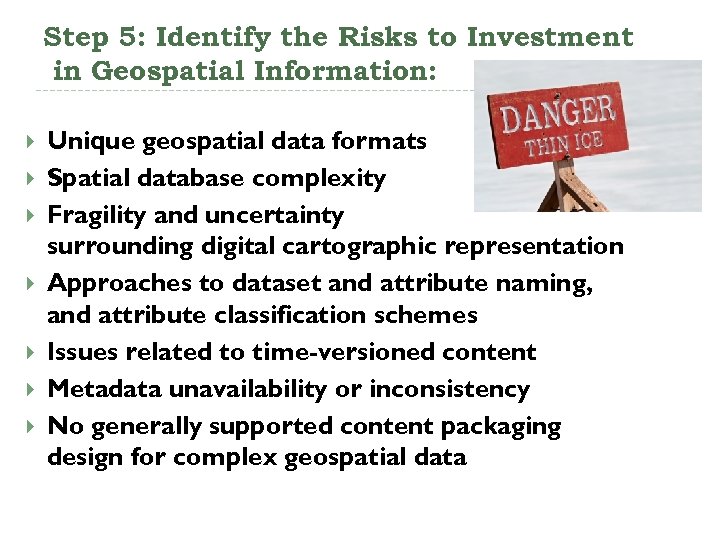 Step 5: Identify the Risks to Investment in Geospatial Information: Unique geospatial data formats