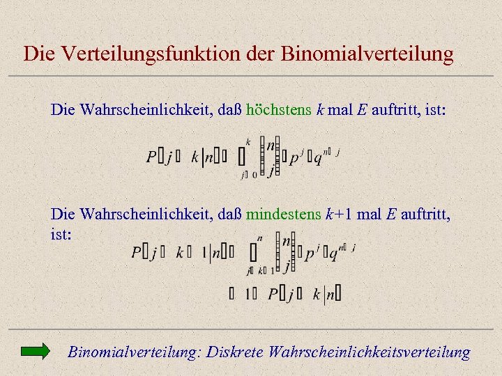 Die Verteilungsfunktion der Binomialverteilung Die Wahrscheinlichkeit, daß höchstens k mal E auftritt, ist: Die