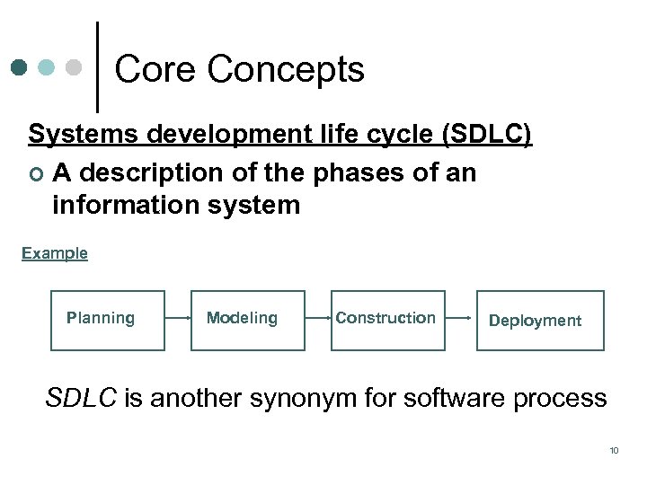 Core Concepts Systems development life cycle (SDLC) ¢ A description of the phases of