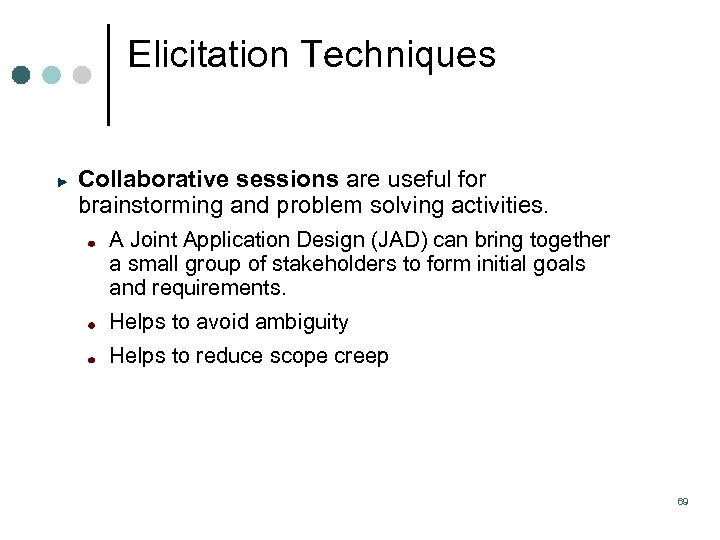 Elicitation Techniques Collaborative sessions are useful for brainstorming and problem solving activities. A Joint